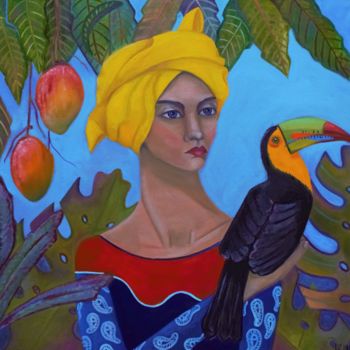 Malarstwo zatytułowany „Девушка с туканом(…” autorstwa Mariya Vorobyeva, Oryginalna praca, Olej