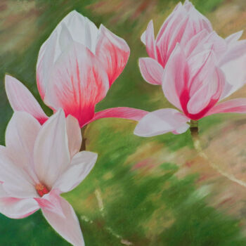 Картина под названием "Magnolia: A moment…" - Livia Doina Stanciu, Подлинное произведение искусства, Масло Установлен на Дер…