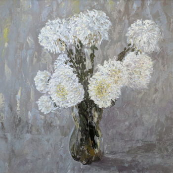 Peinture intitulée "Chrysantemums (on a…" par Livia Doina Stanciu, Œuvre d'art originale, Huile Monté sur Carton