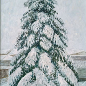 Painting titled "Fir Tree Dressed fo…" by Livia Doina Stanciu, Original Artwork, Oil Mounted on Wood Stretcher frame