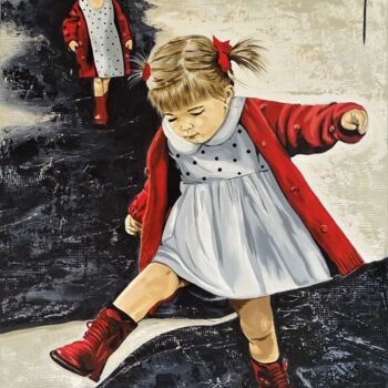 Malerei mit dem Titel "Girls in red coats" von Livien Rózen, Original-Kunstwerk, Acryl