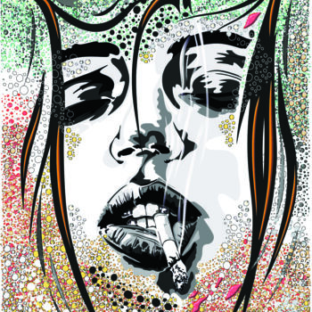 「Ava in bubbles」というタイトルのデジタルアーツ Livien Rózenによって, オリジナルのアートワーク, デジタル絵画 ウッドストレッチャーフレームにマウント