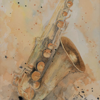 Painting titled "All That Sax" by Liz Dehn, Original Artwork, Watercolor Mounted on Cardboard