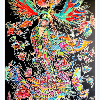Painting titled "La Danseuse cosmique" by Liz Mosa, Original Artwork, Acrylic Mounted on Wood Stretcher frame