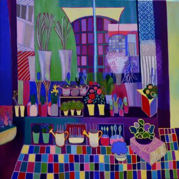 Painting titled "Purple Flower Shop" by Liz Allen, Original Artwork, Acrylic