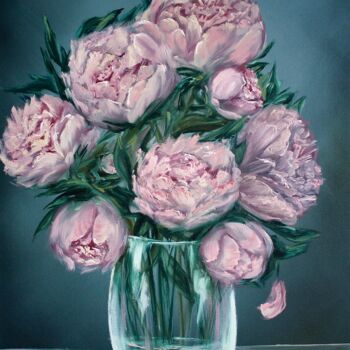 Painting titled "Bouquet of peonies" by Liza Illichmann, Original Artwork, Oil Mounted on Wood Stretcher frame