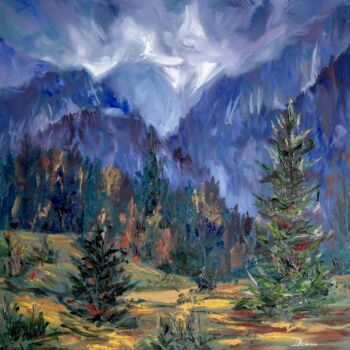 Painting titled "Fog in the Mountains" by Liza Illichmann, Original Artwork, Oil Mounted on Wood Stretcher frame