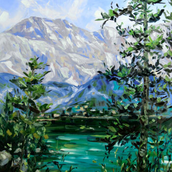 Painting titled "Lake Eibsee" by Liza Illichmann, Original Artwork, Oil Mounted on Wood Stretcher frame