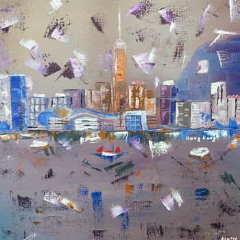 Painting titled "Hong Kong, abstract…" by Liza Khaldzhidis, Original Artwork, Oil Mounted on Wood Stretcher frame