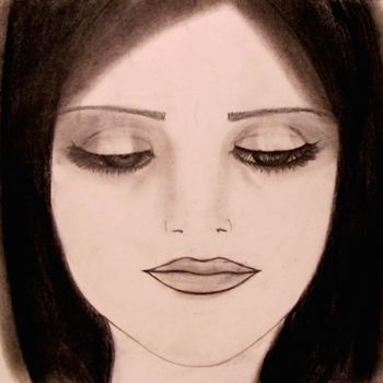 Disegno intitolato "Les yeux mi-clos, p…" da Liza Peninon, Opera d'arte originale, Carbone