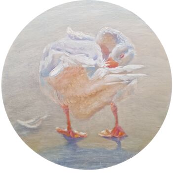 Painting titled "White goose" by Lo Post, Original Artwork, Oil Mounted on Cardboard