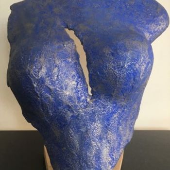 Skulptur mit dem Titel "Buste en béton bleu…" von Lo-Z, Original-Kunstwerk, Beton
