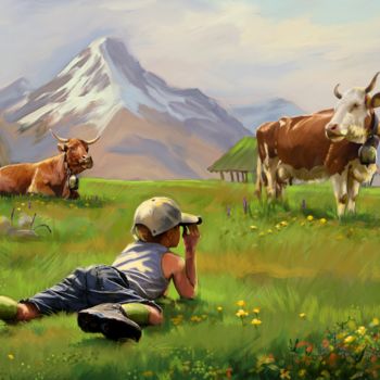 Arts numériques intitulée "Boy in mountains" par Louis Bakker De, Œuvre d'art originale, Peinture numérique