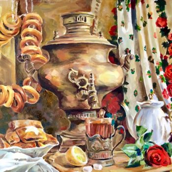 Painting titled "The breakfast with…" by Anastasia Gorkina, Original Artwork, Oil