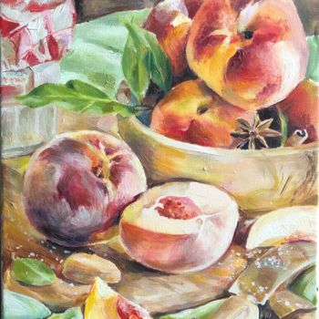 Картина под названием "Натюрморт с персика…" - Anastasia Gorkina, Подлинное произведение искусства, Масло