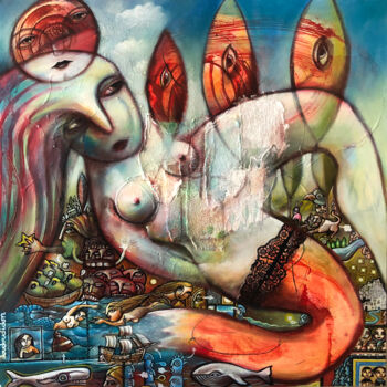 「Gaïa Universe」というタイトルの絵画 Loic Tarin (Doudoudidon)によって, オリジナルのアートワーク, アクリル ウッドストレッチャーフレームにマウント