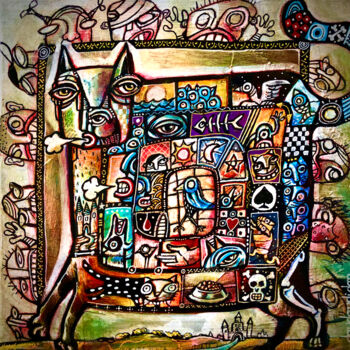 Painting titled "Chat hebdomadaire" by Loic Tarin (Doudoudidon), Original Artwork, Acrylic Mounted on Wood Stretcher frame