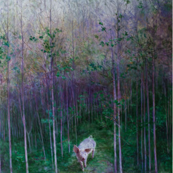 Painting titled "树林里一只猪" by Ping Liu, Original Artwork, Oil