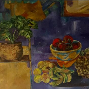 Pittura intitolato "Fruits et Alocasia" da Lola Jumaeva Novikova, Opera d'arte originale, Olio