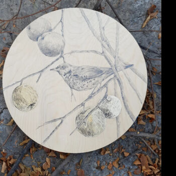 Рисунок под названием "Bird in autumn gard…" - Lola Umarova, Подлинное произведение искусства, Карандаш