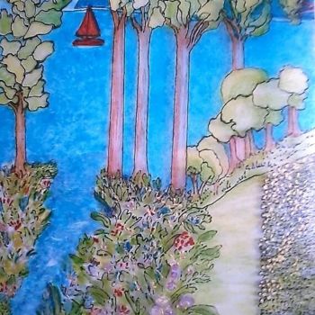 Painting titled "JARDIN LE VAR 83" by Lola Design59, Original Artwork, Stained glass painting Mounted on Wood Panel