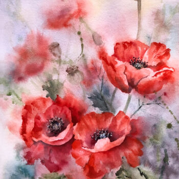 Painting titled "Poppies Flowers Pai…" by Lolita Ros, Original Artwork, Watercolor