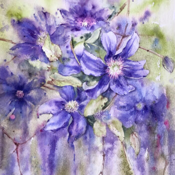 Painting titled "Blue flowers painti…" by Lolita Ros, Original Artwork, Watercolor
