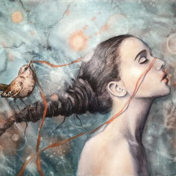 Painting titled "Woman with Bird Fem…" by Lolita Ros, Original Artwork, Watercolor