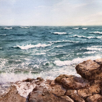 Painting titled "Seascape Watercolor…" by Lolita Ros, Original Artwork, Watercolor