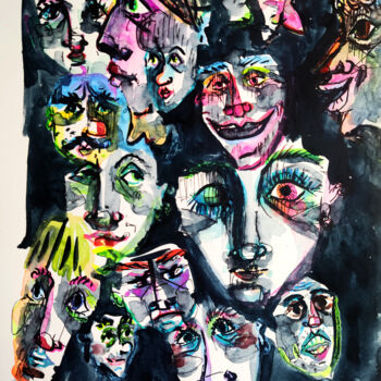 Drawing titled "Heads everywhere" by Laure Maniere, Original Artwork, Watercolor