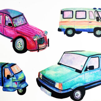 Drawing titled "Crazy cars 2" by Laure Maniere, Original Artwork, Watercolor