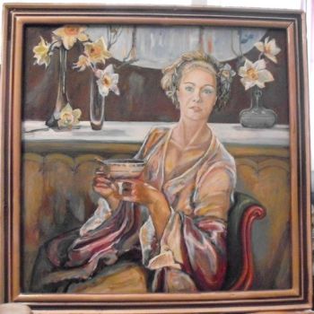 Painting titled "Tea & narcissus" by Vranceanu Aurelian, Original Artwork, Oil