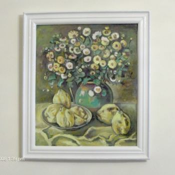 Painting titled "quince & flowers" by Vranceanu Aurelian, Original Artwork, Oil