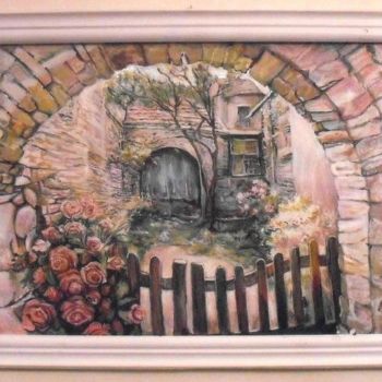 Painting titled "Stone arch and roses" by Vranceanu Aurelian, Original Artwork, Oil