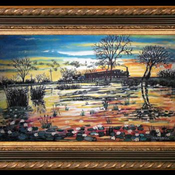 Painting titled "Sunset on the pond" by Vranceanu Aurelian, Original Artwork, Oil