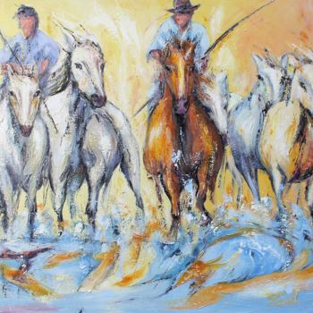Peinture intitulée "Galop en Camargue" par Jean-Luc Lopez, Œuvre d'art originale, Huile Monté sur Châssis en bois