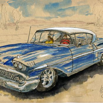Peinture intitulée "Chevrolet Impala 19…" par Loran De Cevinne, Œuvre d'art originale, Aquarelle