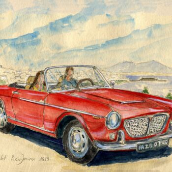 Painting titled "Fiat cabriolet Pini…" by Loran De Cevinne, Original Artwork, Watercolor