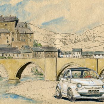 Malerei mit dem Titel "Fiat 500 à Montmori…" von Loran De Cevinne, Original-Kunstwerk, Aquarell