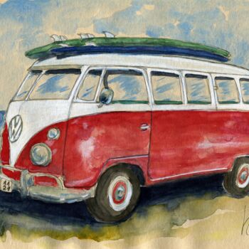 Painting titled "VW Combi T1 de 1960" by Loran De Cevinne, Original Artwork, Watercolor