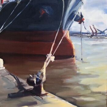 Painting titled "CARGO PORT" by Lorann Lacave -Ladeuix, Original Artwork, Oil Mounted on Wood Stretcher frame