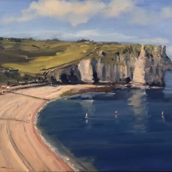 Painting titled "Plage Etretat Norma…" by Lorann Lacave -Ladeuix, Original Artwork, Oil Mounted on Wood Stretcher frame