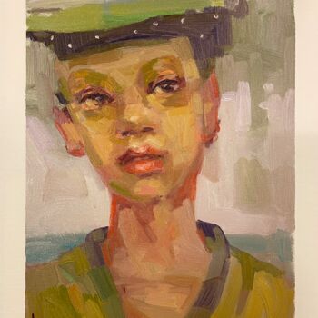 Painting titled "The green hat" by Lorena Iavorschi, Original Artwork, Oil
