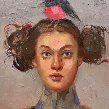 Painting titled "Big pink robin" by Lorena Iavorschi, Original Artwork, Oil