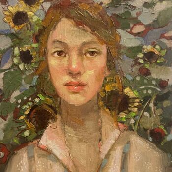 Malerei mit dem Titel "Among the sunflowers" von Lorena Iavorschi, Original-Kunstwerk, Öl