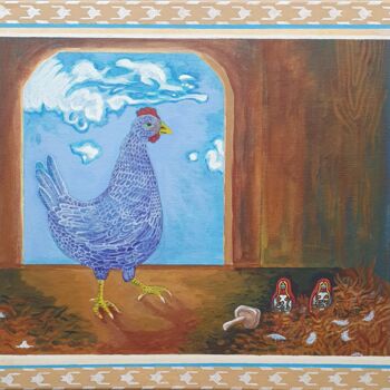 Pittura intitolato "La poule et son tré…" da Lorenz, Opera d'arte originale, Acrilico Montato su Telaio per barella in legno