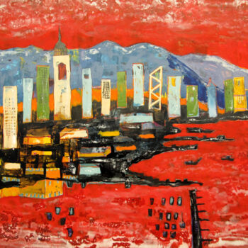 Картина под названием "Hong Kong" - Lorenzo Dalcò, Подлинное произведение искусства, Эмаль Установлен на Деревянная рама для…