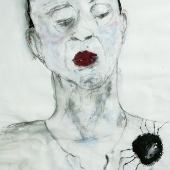 Tekening getiteld "L'homme à l'araignée" door Martine Swynghedauw, Origineel Kunstwerk, Potlood