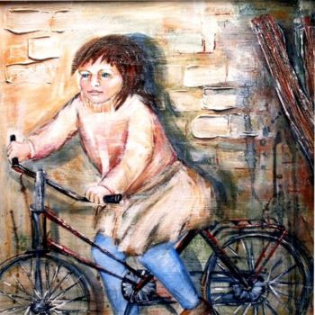 Painting titled "Kind mit Fahrrad" by Maren Fiebig, Original Artwork, Oil