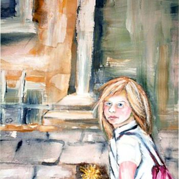 Malerei mit dem Titel "Kind mit Loewenzahn" von Maren Fiebig, Original-Kunstwerk, Öl